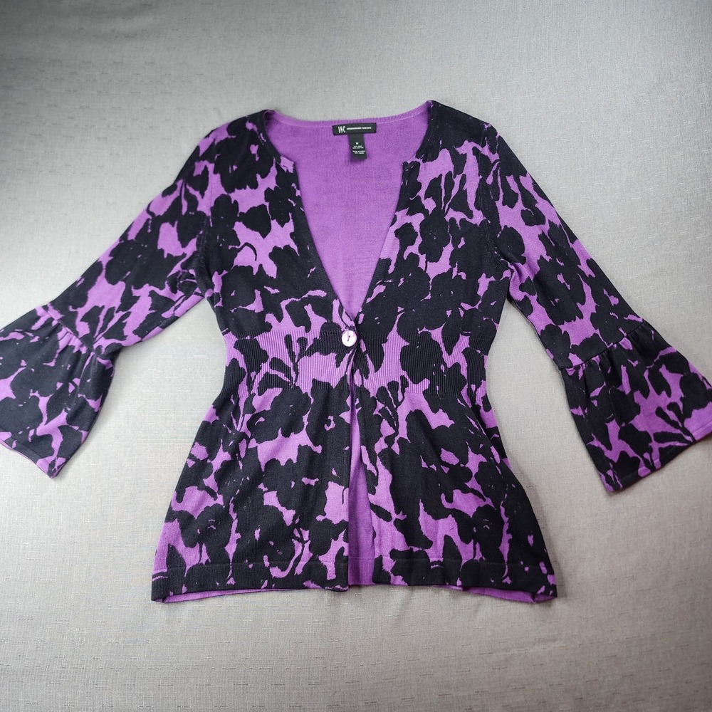 INC International Concepts Silk Blend Floral Cardigan Purple Black Bell Sleeve M
